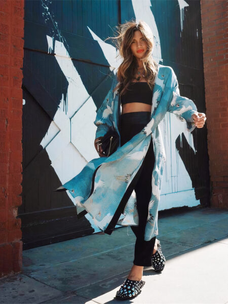 Gilet kimono bleu grues en envol