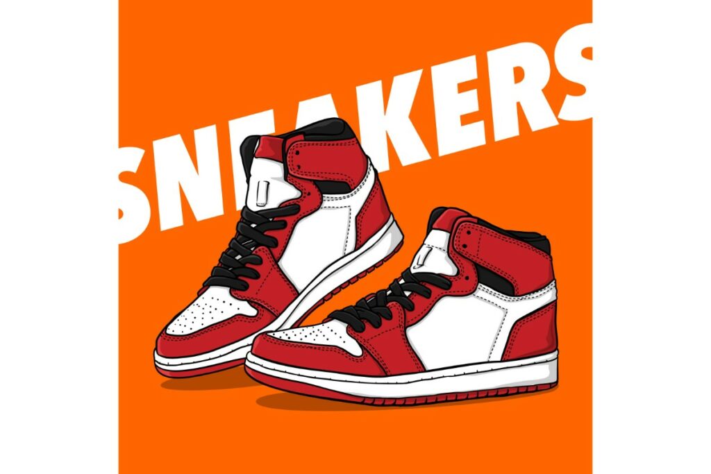 image de sneakers blanches et rouges sur fond orange.