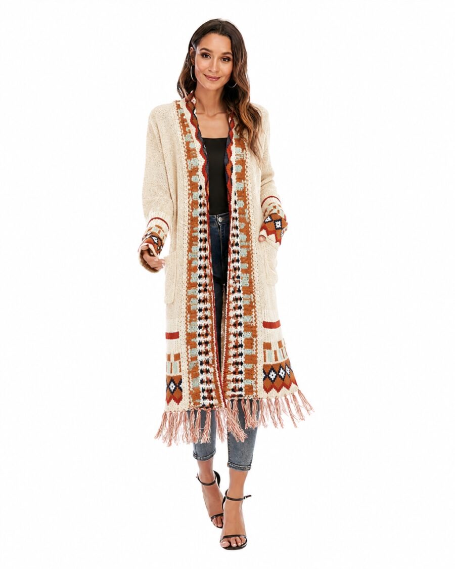 Kimono boheme beige a franges
