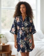 Kimono de nuit fleuri bleu porté par une jeune femme dans sa chambre