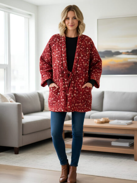 Kimono polaire rouge fleuri porté par une femme blonde debout dans un salon avec un canapé gris en arrière plan.