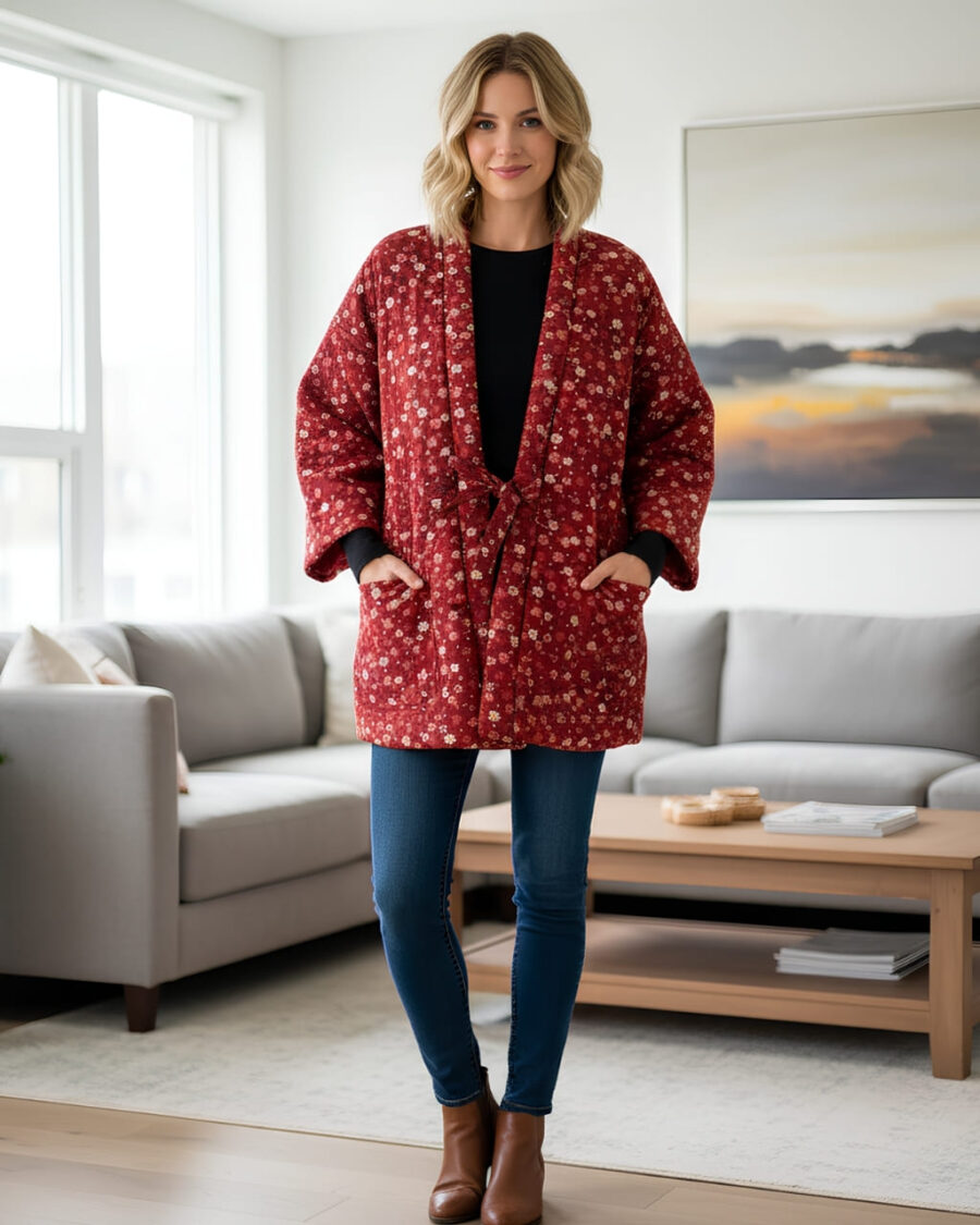 Kimono polaire rouge fleuri porté par une femme blonde debout dans un salon avec un canapé gris en arrière plan.
