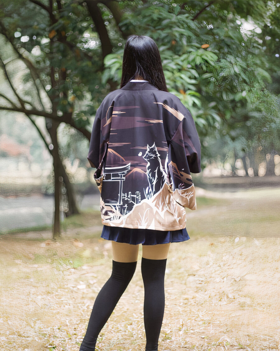 kimono-japonais-motif-loup-pour-femme Une femme de dos montre son kimono au motif d'un loup dans la nuit japonaise