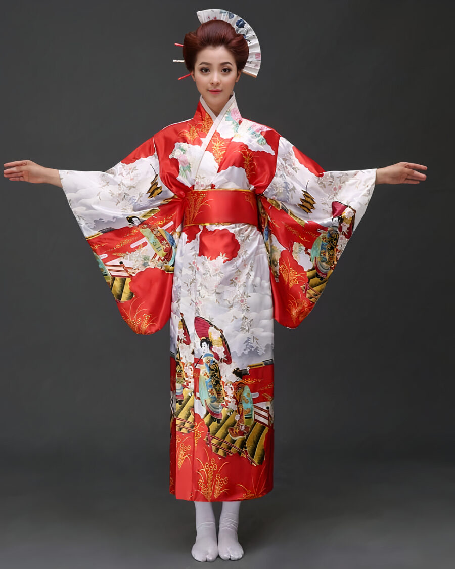 Une femme porte un kimono rouge et blanc avec des motifs japonais à manches larges, ses cheveux sont coiffés en chignons traditionnels, ses bras son ouverts de part et d'autre