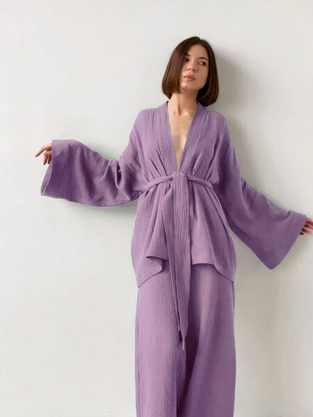 Ensemble kimono court femme en crêpe uni violet