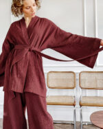 Ensemble kimono court femme en crêpe uni rouge