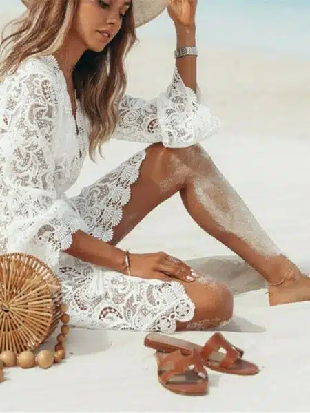 Tunique de plage femme blanc tricotée en crochet