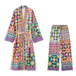 Ensemble kimono pantalon à motif rétro de couleur multicolore
