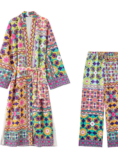 Ensemble kimono pantalon à motif rétro de couleur multicolore