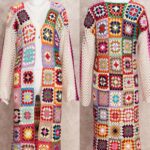 Kimono long femme tricoté multicolore, présenté une fois de face et une fois de dos sur un mannequin en plastique