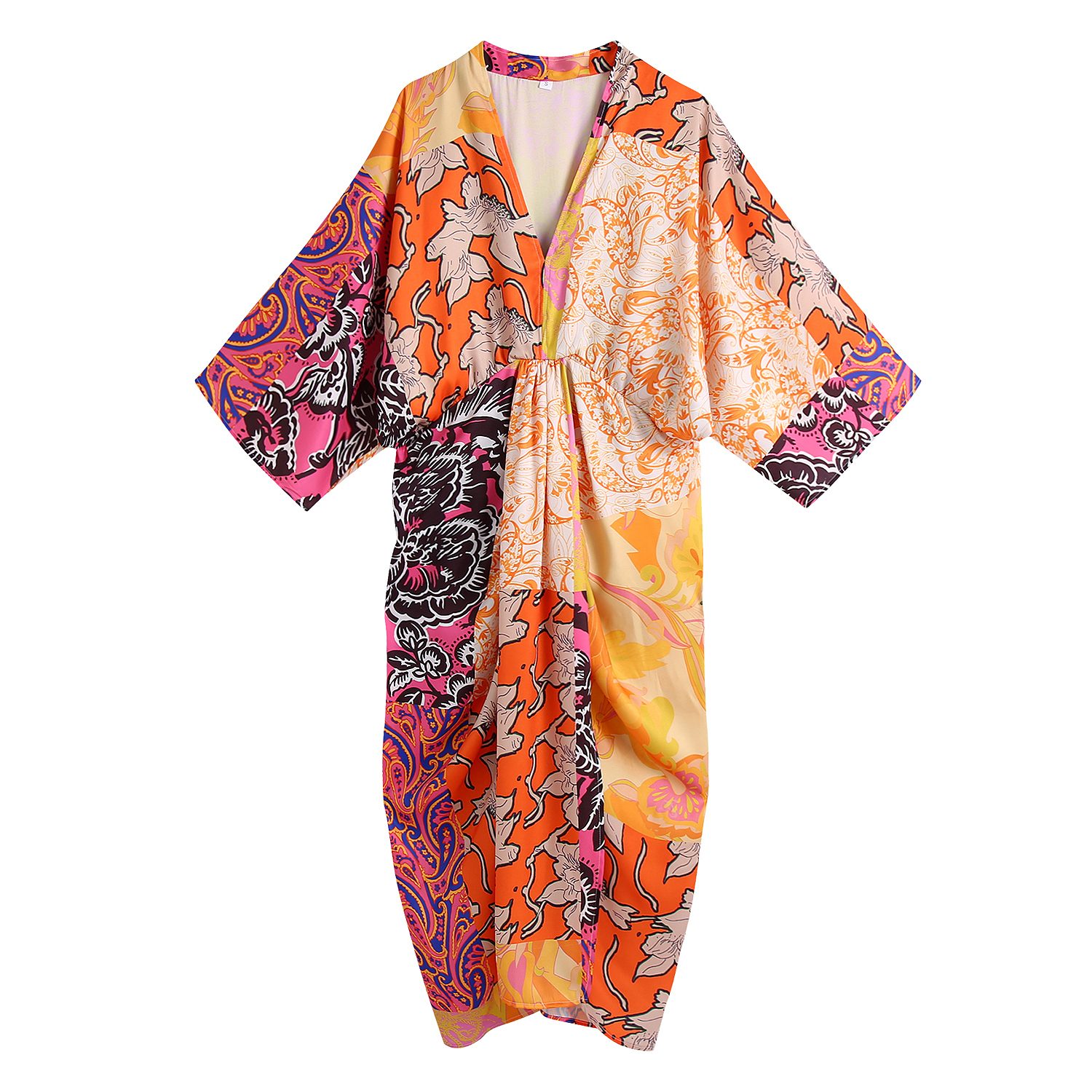 Robe kimono longue orange avec col V • Miss Kimono
