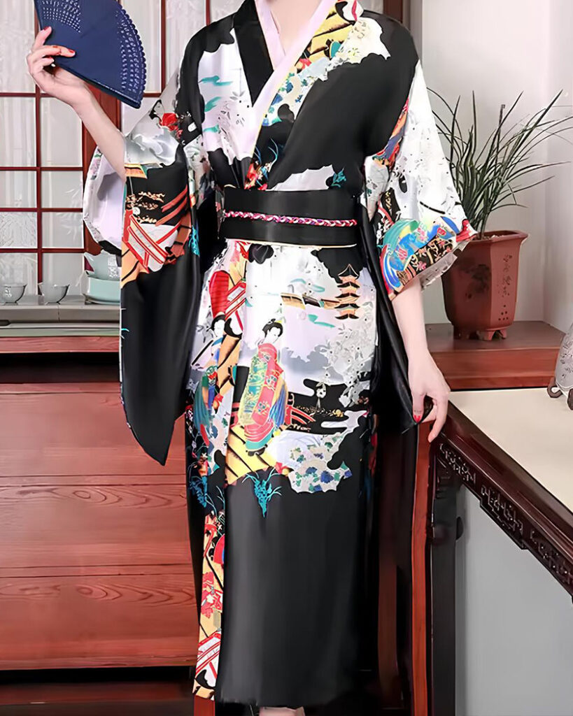 Femme portant un kimono japonais traditionnel pour femme avec un éventail à la main près de meubles en bois