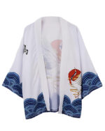 Kimono cardigan haori femme avec une grue devant un soleil rouge sur des vagues bleues