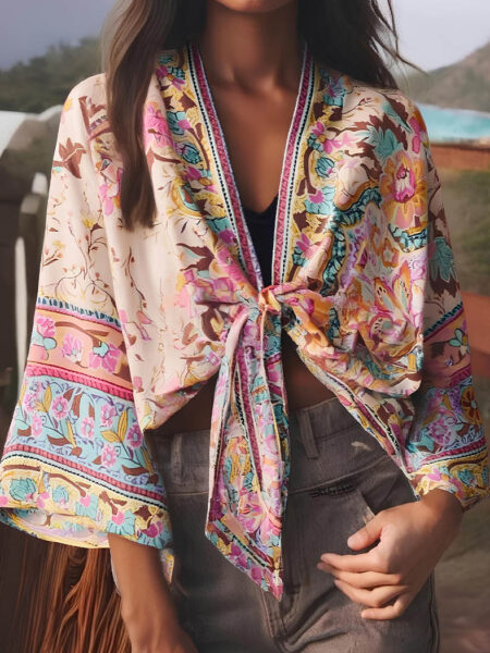 Kimono court bohème chic pour femme porté par une femme brune à peau mate et à cheveux longs