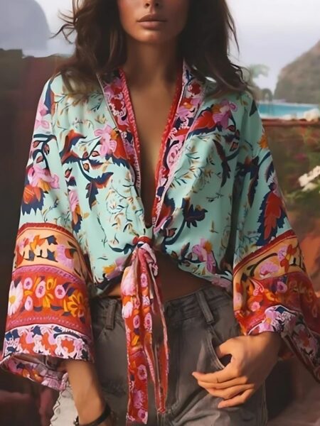 Femme portant un kimono court au style boho chic en extérieur