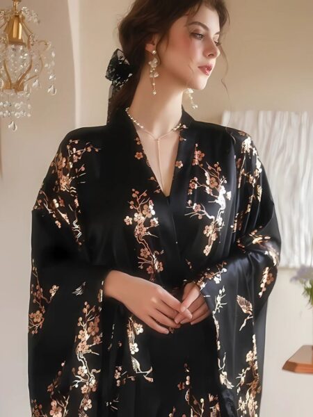 Femme portant un peignoir kimono en satin noir dans une chambre