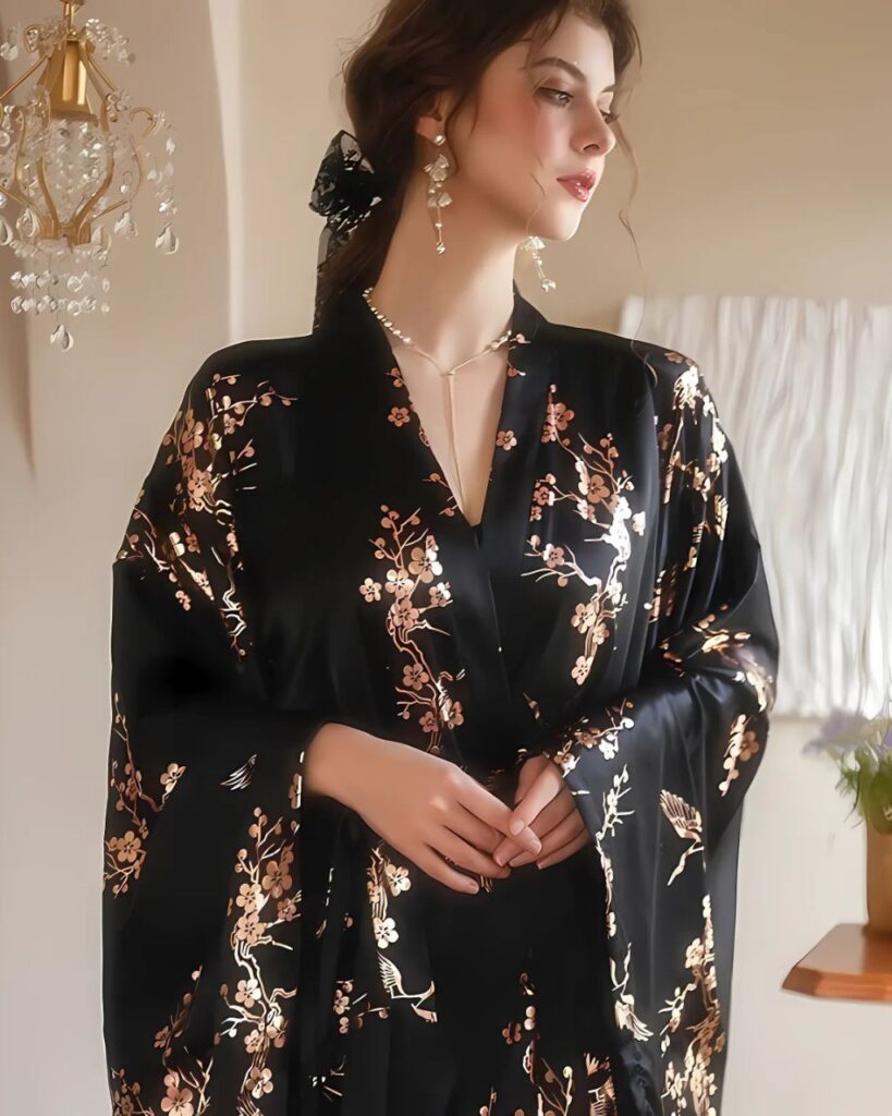 Femme portant un peignoir kimono en satin noir dans une chambre