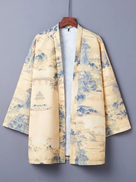 Veste kimono traditionnelle écru à imprimé toile de jouy sur fond bleu